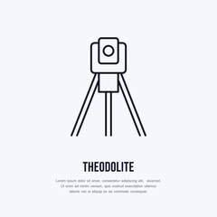 Theodolite on tripod. Geological survey, engineering vector flat line icon. Geodetic equipment. Geology research illustration, sign.