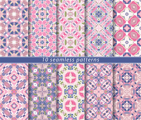 Vector set of ten seamless abstract patterns in shades of blue and pink. Decorative and design elements for textile, book covers, print, gift wrap.