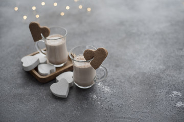 cups with cocoa and cookies-hearts. Valentine's Day