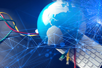 global world with fiber optic and lan wire with keyboard