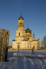 The Orthodox Church of the Nativity of Christ in the Russian village of Lebyazhye, Ulyanovsk region in Russia on a winter evening.