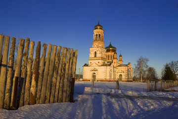 The Orthodox Church of the Nativity of Christ in the Russian village of Lebyazhye, Ulyanovsk region in Russia on a winter evening.