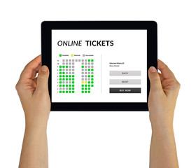 Hands holding digital tablet computer with online tickets concept on screen. Isolated on white. All screen content is designed by me