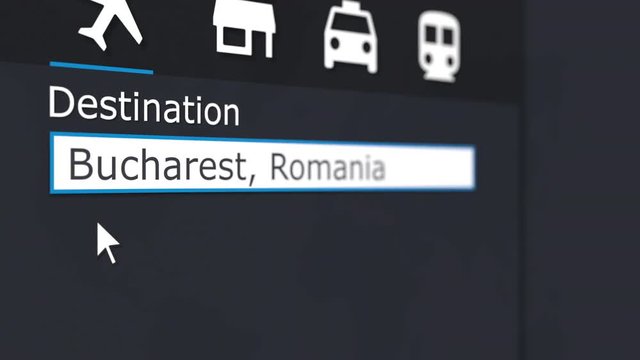 Buying airplane ticket to Bucharest online. Travelling to Romania conceptual animation