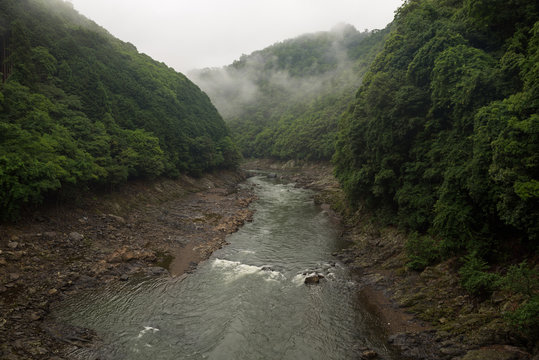 Beautiful scenery of the Katsura river along the tracks of the Sagano Scenic Railway, Kyoto, Japan