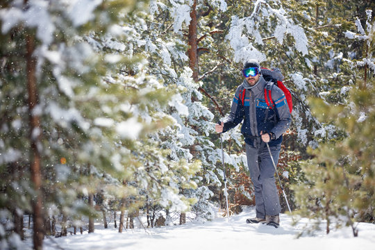 Sportsman hiking throw snowy forest