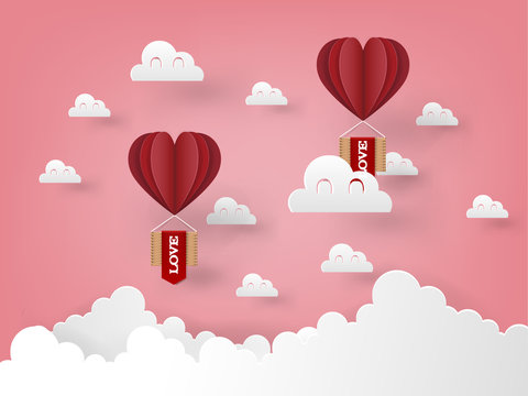 illustration vector design concept of love and valentine's day, origami heart vector hot air balloon flying on the sky, paper art style