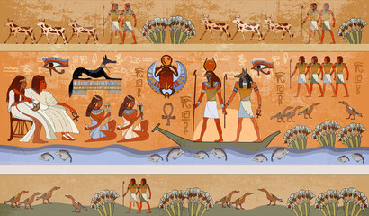 Ancient Egypt scene, mythology. Egyptian gods and pharaohs. Murals ancient Egypt. Hieroglyphic carvings on the exterior walls of an ancient temple. Egypt background