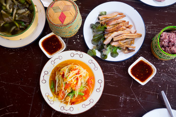 Various of Thai spicy food on rustic background