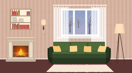 Living room interior with fireplace, sofa, lamps and bookshelf. Domestic room design with burning fire and window.