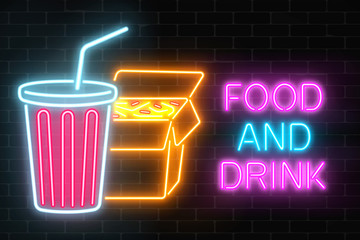 Neon food and drink glowing signboard on a dark brick wall background. Chinese noodles and plastic cup of beverage
