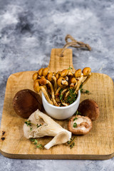 Seasonal mushrooms melange with thyme. Gray background. Isolated. Close up.