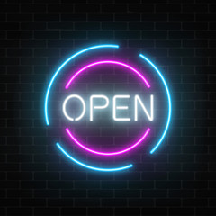 Neon open 24 hours and 7 days in circle frames sign on a brick wall background. Round the clock working store