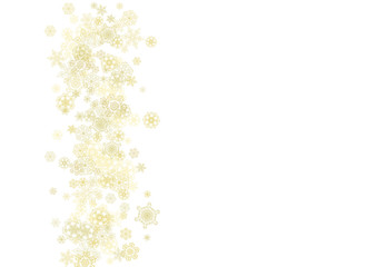 Glitter snowflakes frame on white horizontal background. Shiny Christmas and New Year frame for gift certificate, ads, banners, flyers. Falling snow with golden glitter snowflakes for party invite