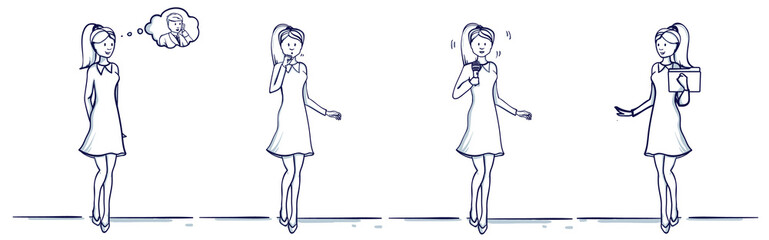 Set of business woman cartoon illustration. Stands scenes: She is happy, remembers the man, coughs, fell ill, holds a folder, with a microphone, sings or speaks.Hand drawn doodle vector illustration..