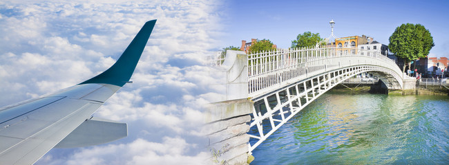 Fly to Dublin - concept image with an aircraft wing and the most famous bridge in Ireland called 