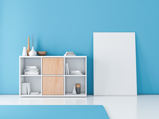 Large Poster canvas mockup on the floor in modern Room with blue wall and white wooden bookshelf