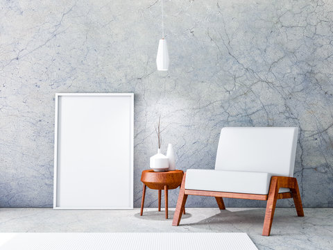 White Poster Frame Mockup standing on the concrete floor near the modern chair. 3d rendering