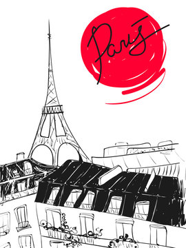 Hand drawn vector illustration. Eiffel tower with dark roofs and Paris calligraphic text