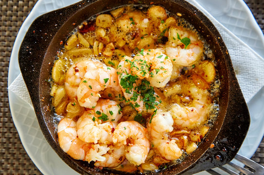 Pan Of Garlic Prawns