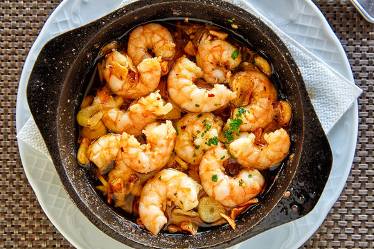 Pan Of Garlic Prawns