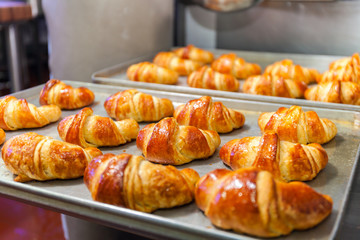 Fresh baked croissants on baking sheet