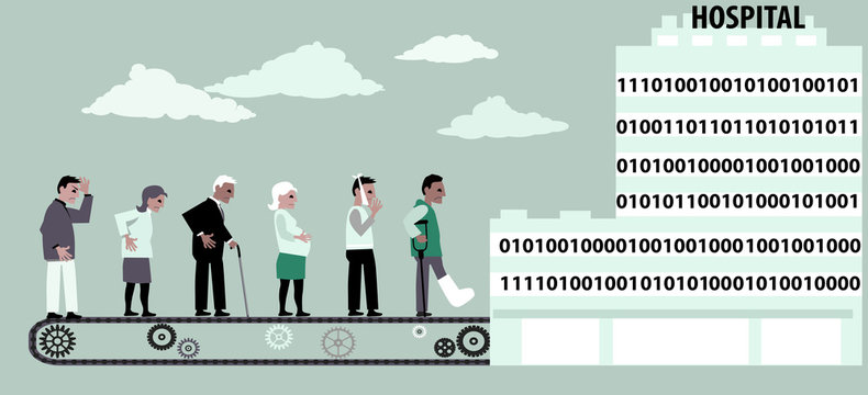 Conveyor Bringing Patients Into A Digital Hospital, EPS 8 Vector Illustration