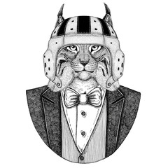 Lynx, Bobcat, Trot, Wild cat Elegant rugby player. Old school vintage rugby helmet. American football. Vintage style illustration for tattoo, emblem, badge, logo, patch, t-shirt © helen_f