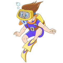 Kids Leisure Activities. Cartoon boy Diving into water. Design for children's coloring book.