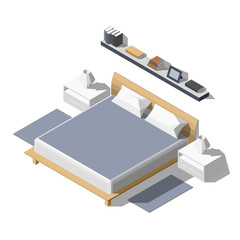 Isometric interior, room of house, cutaway icon. light bedroom. Home furniture. bed, books, lamps. Vector illustration