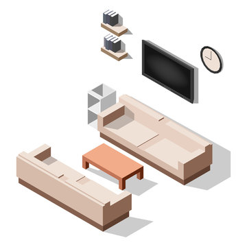Isometric interior, room of a house, cutaway icon. Business lounge. Couch, table, tv, books. Vector illustration
