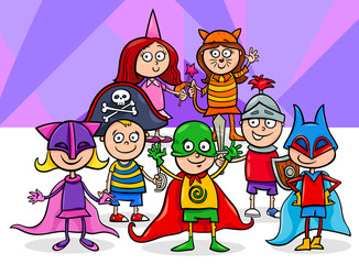 kids group at mask ball cartoon illustration