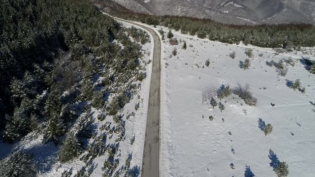 flying above country road in beautful sunny winter day and pine forest covered with fresh snow, top view bird perspective 4k