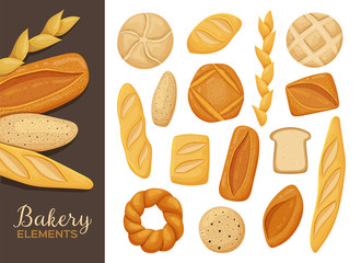 Set of various sorts of fresh bread isolated on white. Bakery products poster. Vector illustration.
