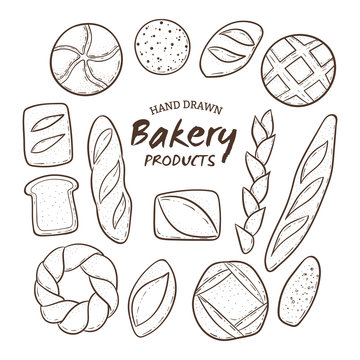 Hand drawn bakery fresh bread collection. Outlined design elements isolated on white. Vector illustration.