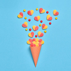Ice Cream Cone with Gummy Candies. Flat lay. Love,Valentines day concept. Summer Party, Birthday...