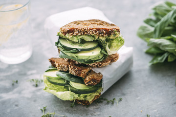 Food: Green vegetable sandwiches, vegan
