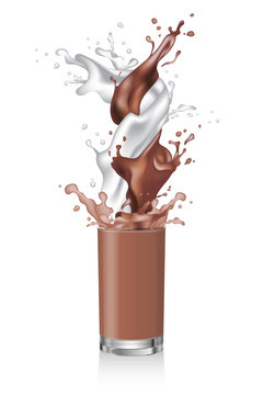 Glass of coffee, cacao, milk, milkshake. Hot chocolate with milk swirl pouring and splashing in the same glass. Vector.