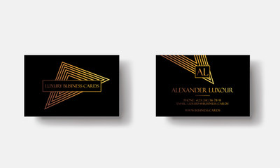 Black Gold Luxury business cards for VIP event. Elegant Greeting Card with golden triangular geometric pattern. Banner or invitation with foil triangle details. Branding or identity graphic design
