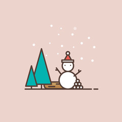Merry Christmas Snowman and Pine Tree Minimal Icon Vector Illustration