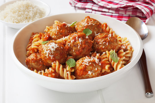 Meatballs With Marinara, Fusili Pasta And Parmesan Cheese. Meatballs Made From Turkey Mince.