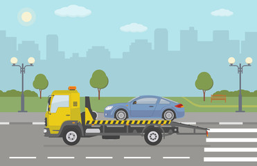 Blue sports car on tow truck, on city background. Vector illustration. 
