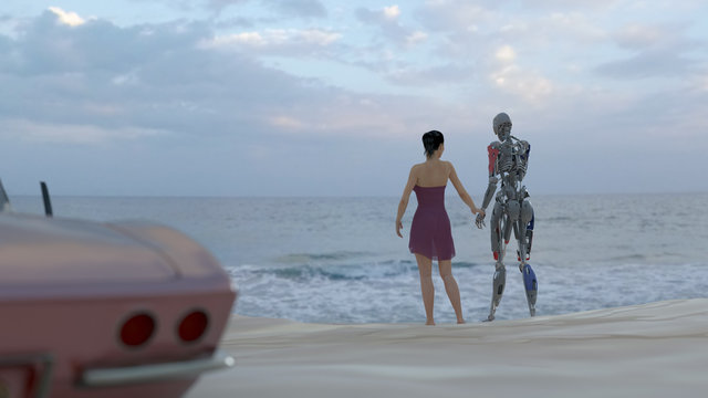 woman and robot on summer beach