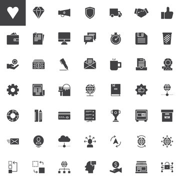 Universal business vector icons set, modern solid symbol collection, filled style pictogram pack. Signs, logo illustration. Set includes icons as megaphone, shield, money, newspaper, trophy, wallet