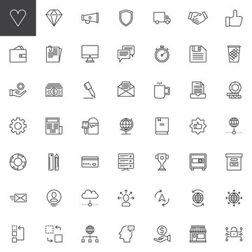Universal business line icons set, outline vector symbol collection, linear style pictogram pack. Signs, logo illustration. Set includes icons as megaphone, shield, money, newspaper, trophy, wallet