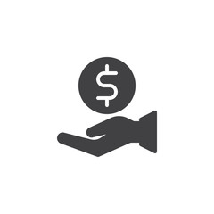 Hand holding dollar coin icon vector, filled flat sign, solid pictogram isolated on white. Save money symbol, logo illustration.