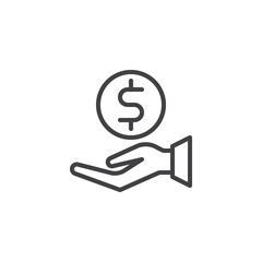 Hand holding dollar coin line icon, outline vector sign, linear style pictogram isolated on white. Save money symbol, logo illustration. Editable stroke