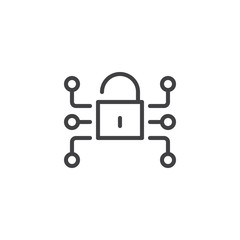 Lock media network data protection line icon, outline vector sign, linear style pictogram isolated on white. Cryptography, Cyber security symbol, logo illustration. Editable stroke