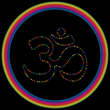 Sacred Indian Geometry Mystical Meditative Diagram Symbol - Vector Rainbow Aum or Om Yantra
