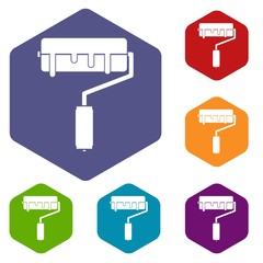 Paint roller with paint icons set